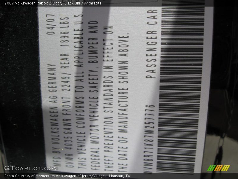 Black Uni / Anthracite 2007 Volkswagen Rabbit 2 Door
