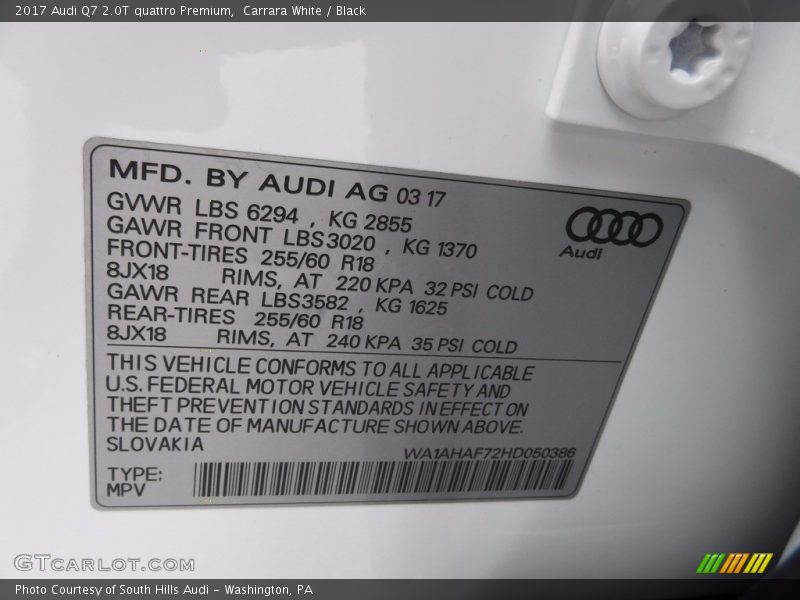 Carrara White / Black 2017 Audi Q7 2.0T quattro Premium