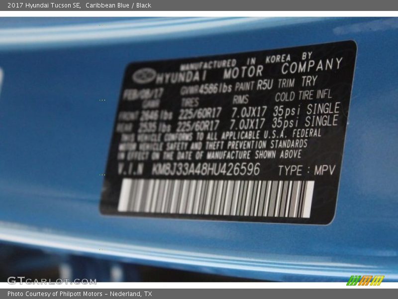 Caribbean Blue / Black 2017 Hyundai Tucson SE
