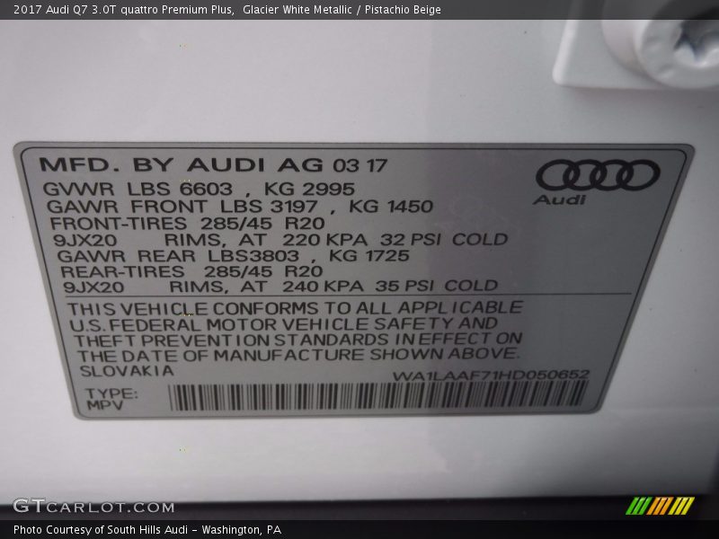 Glacier White Metallic / Pistachio Beige 2017 Audi Q7 3.0T quattro Premium Plus