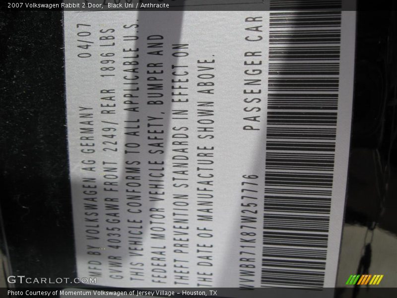Black Uni / Anthracite 2007 Volkswagen Rabbit 2 Door