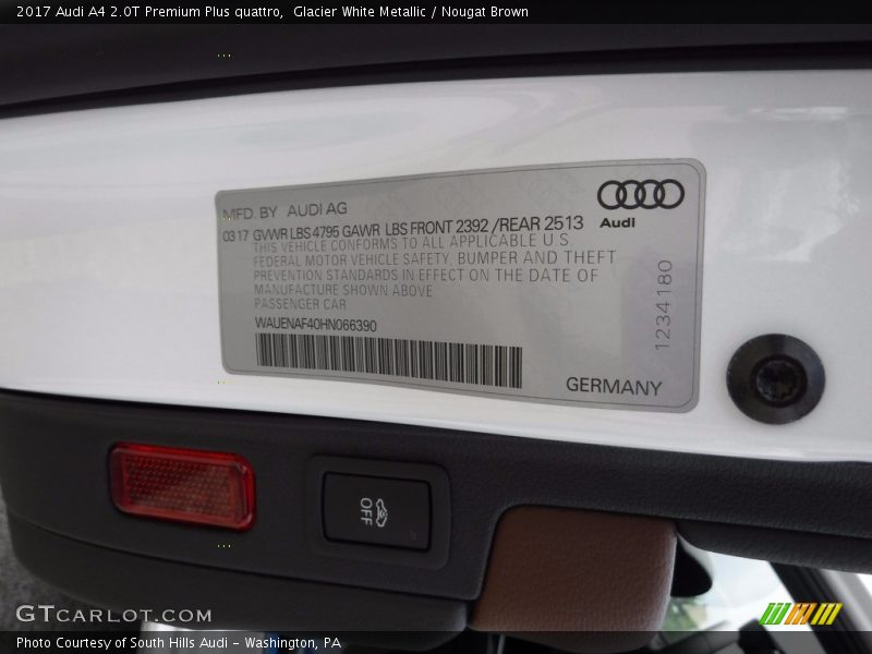 Glacier White Metallic / Nougat Brown 2017 Audi A4 2.0T Premium Plus quattro