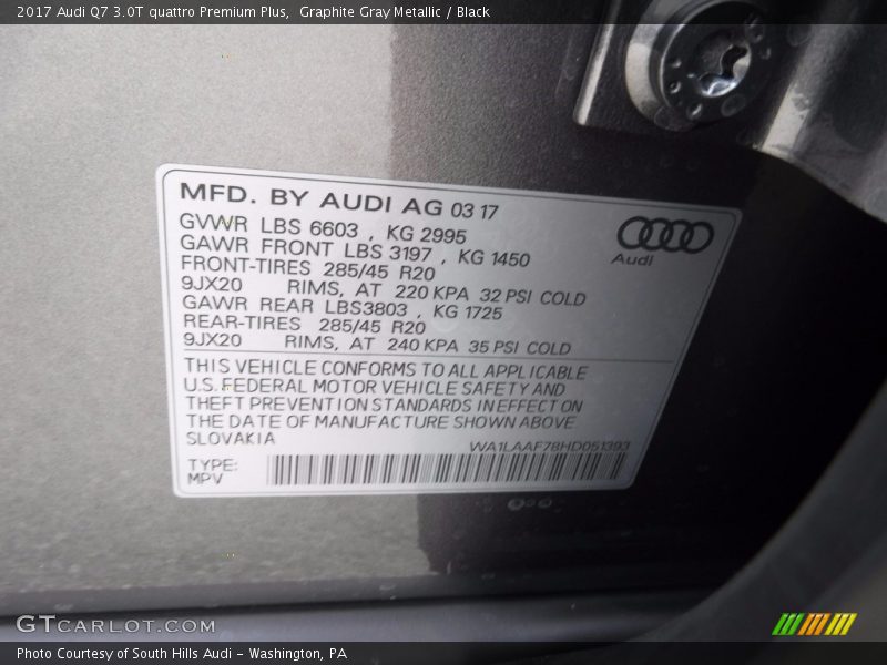 Graphite Gray Metallic / Black 2017 Audi Q7 3.0T quattro Premium Plus