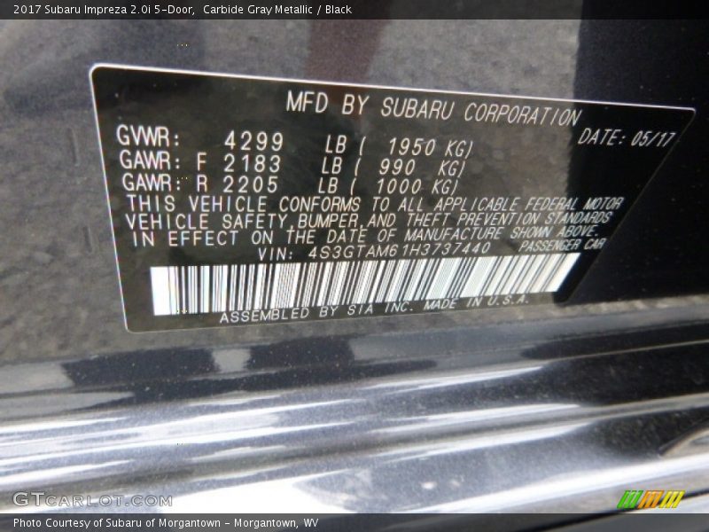 Carbide Gray Metallic / Black 2017 Subaru Impreza 2.0i 5-Door