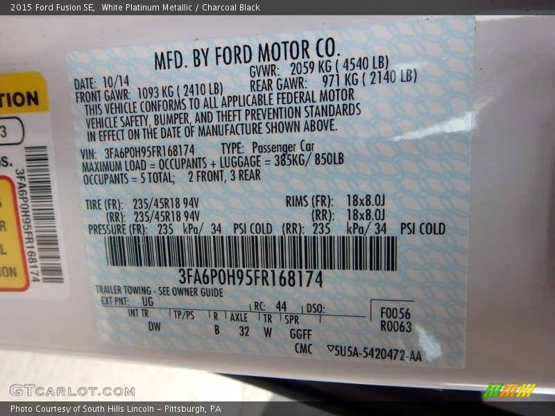 White Platinum Metallic / Charcoal Black 2015 Ford Fusion SE