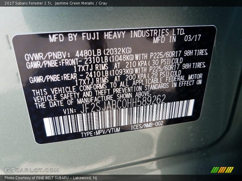 Jasmine Green Metallic / Gray 2017 Subaru Forester 2.5i