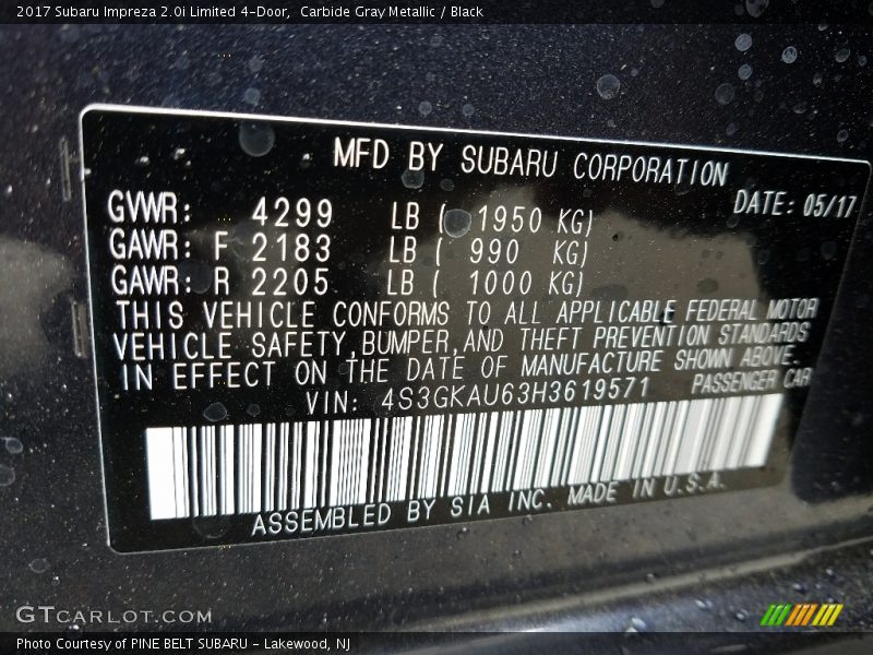 Carbide Gray Metallic / Black 2017 Subaru Impreza 2.0i Limited 4-Door