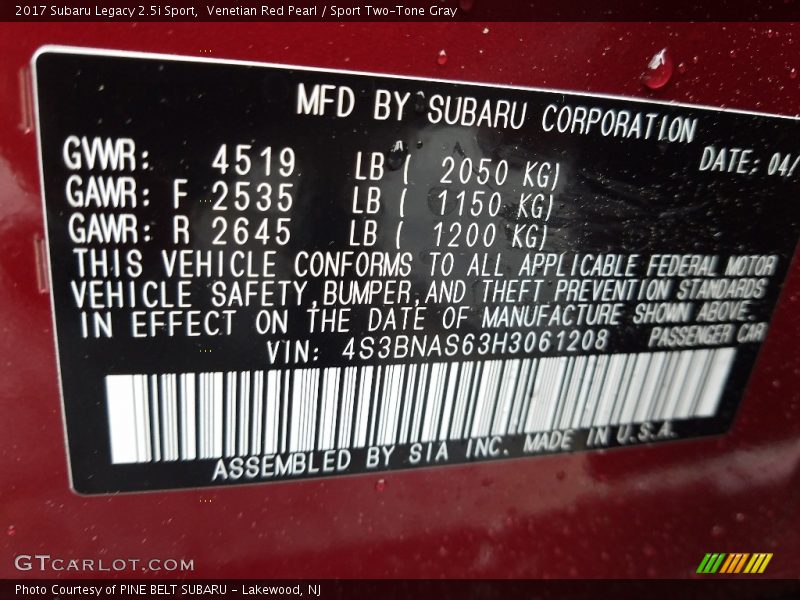 Venetian Red Pearl / Sport Two-Tone Gray 2017 Subaru Legacy 2.5i Sport