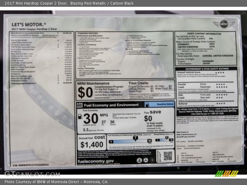  2017 Hardtop Cooper 2 Door Window Sticker