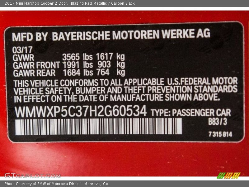 2017 Hardtop Cooper 2 Door Blazing Red Metallic Color Code B83