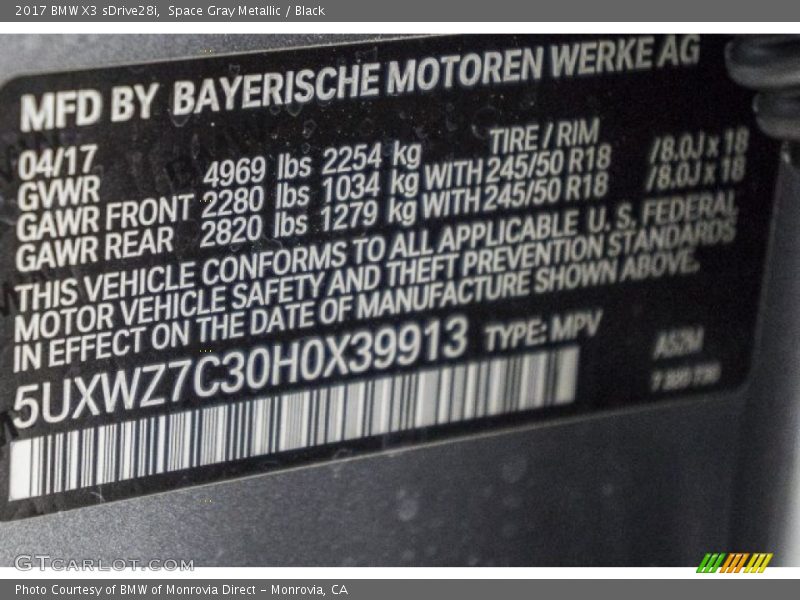 Space Gray Metallic / Black 2017 BMW X3 sDrive28i