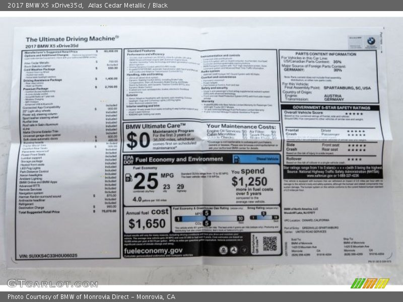  2017 X5 xDrive35d Window Sticker