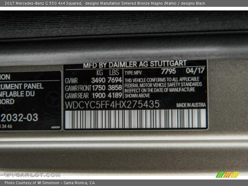 2017 G 550 4x4 Squared designo Manufaktur Sintered Bronze Magno (Matte) Color Code 7795