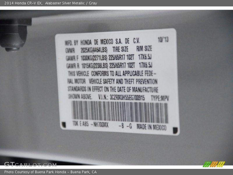 Alabaster Silver Metallic / Gray 2014 Honda CR-V EX