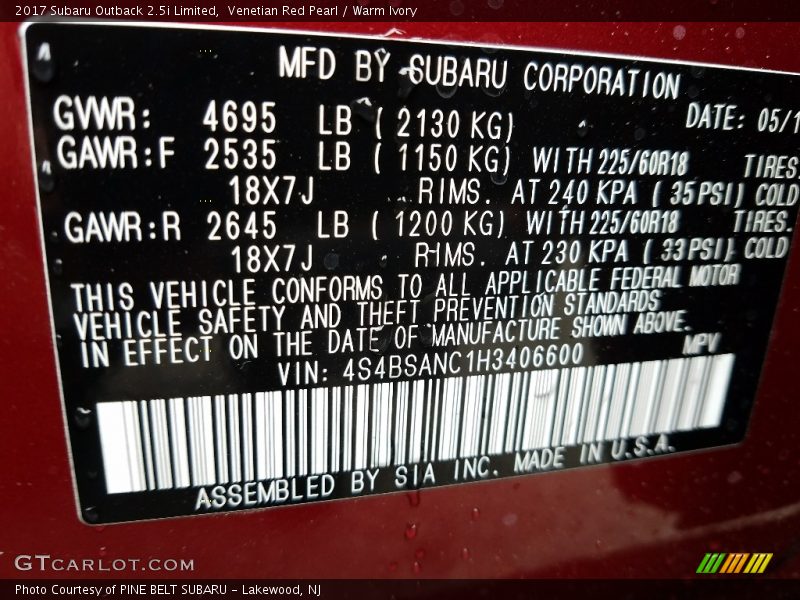 Venetian Red Pearl / Warm Ivory 2017 Subaru Outback 2.5i Limited