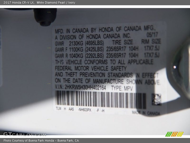 White Diamond Pearl / Ivory 2017 Honda CR-V LX