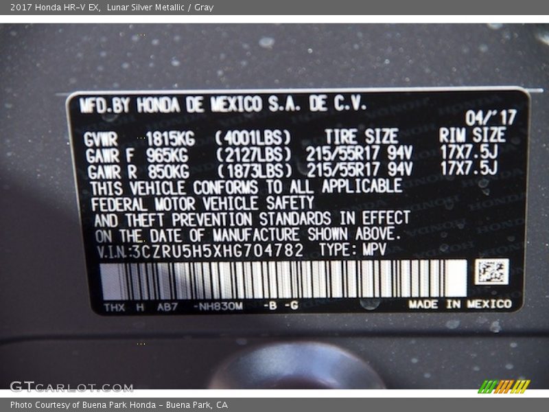 Lunar Silver Metallic / Gray 2017 Honda HR-V EX