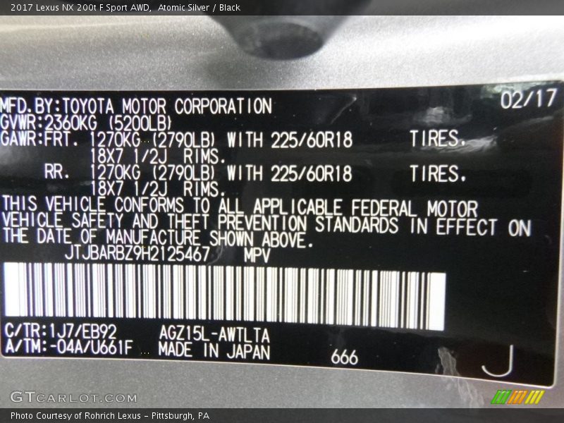 Atomic Silver / Black 2017 Lexus NX 200t F Sport AWD