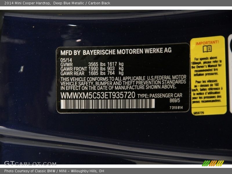 Deep Blue Metallic / Carbon Black 2014 Mini Cooper Hardtop