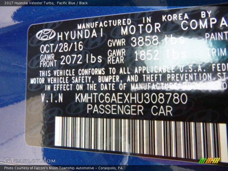 Pacific Blue / Black 2017 Hyundai Veloster Turbo