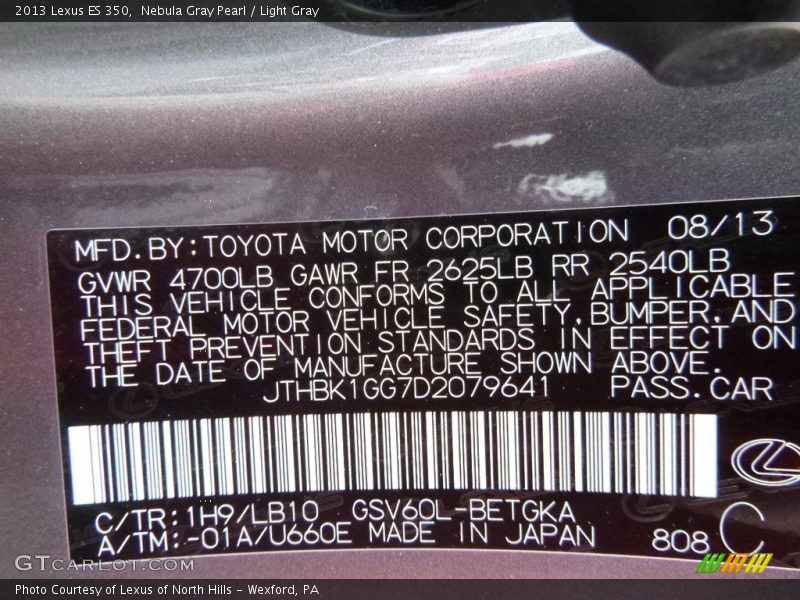 Nebula Gray Pearl / Light Gray 2013 Lexus ES 350