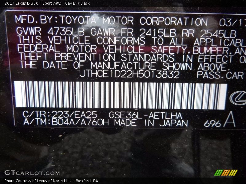 2017 IS 350 F Sport AWD Caviar Color Code 223