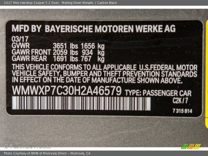 Melting Silver Metallic / Carbon Black 2017 Mini Hardtop Cooper S 2 Door