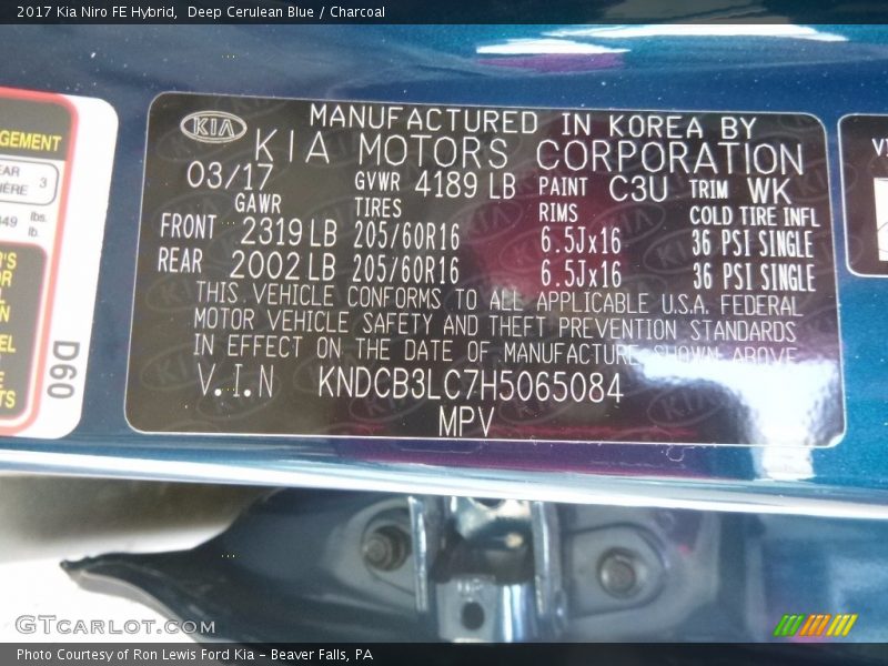 2017 Niro FE Hybrid Deep Cerulean Blue Color Code C3U