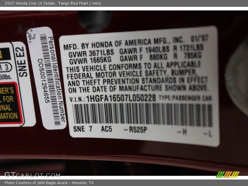 Tango Red Pearl / Ivory 2007 Honda Civic LX Sedan