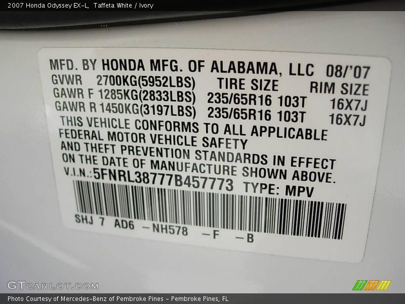 2007 Odyssey EX-L Taffeta White Color Code NH578