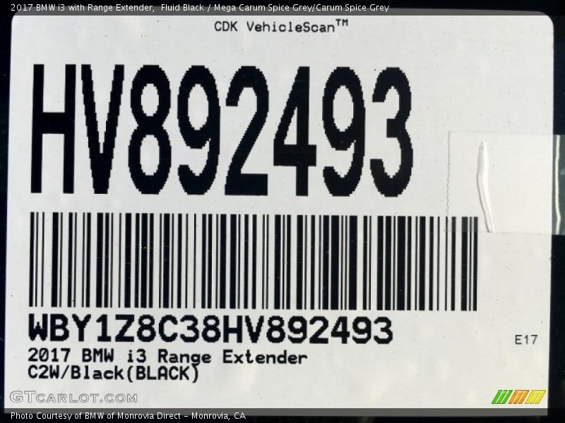 Fluid Black / Mega Carum Spice Grey/Carum Spice Grey 2017 BMW i3 with Range Extender