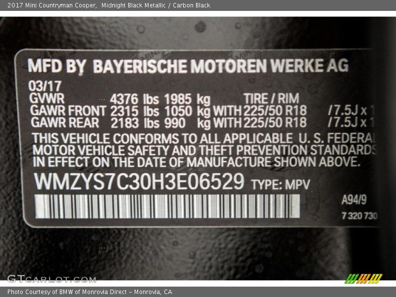 Midnight Black Metallic / Carbon Black 2017 Mini Countryman Cooper