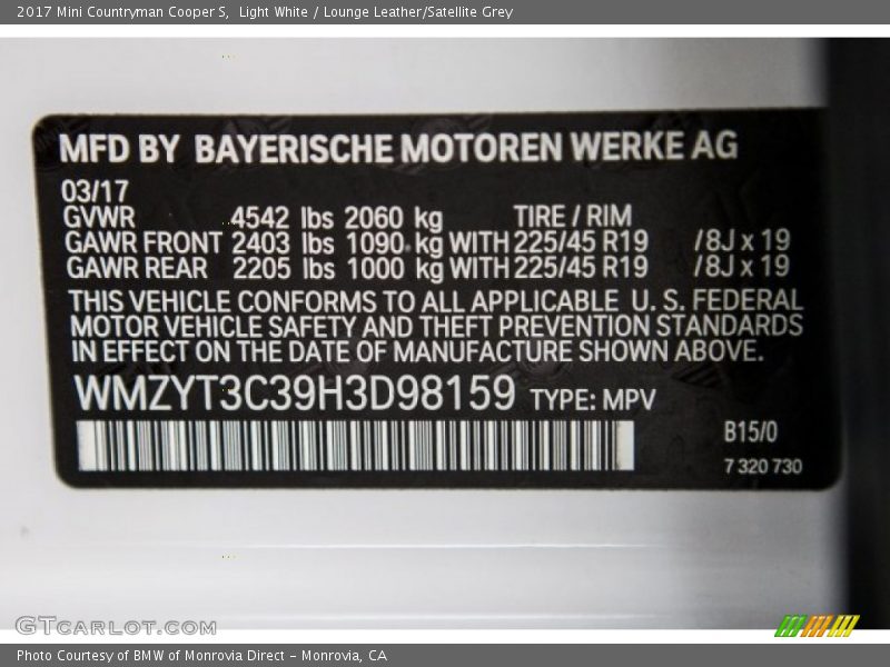 Light White / Lounge Leather/Satellite Grey 2017 Mini Countryman Cooper S