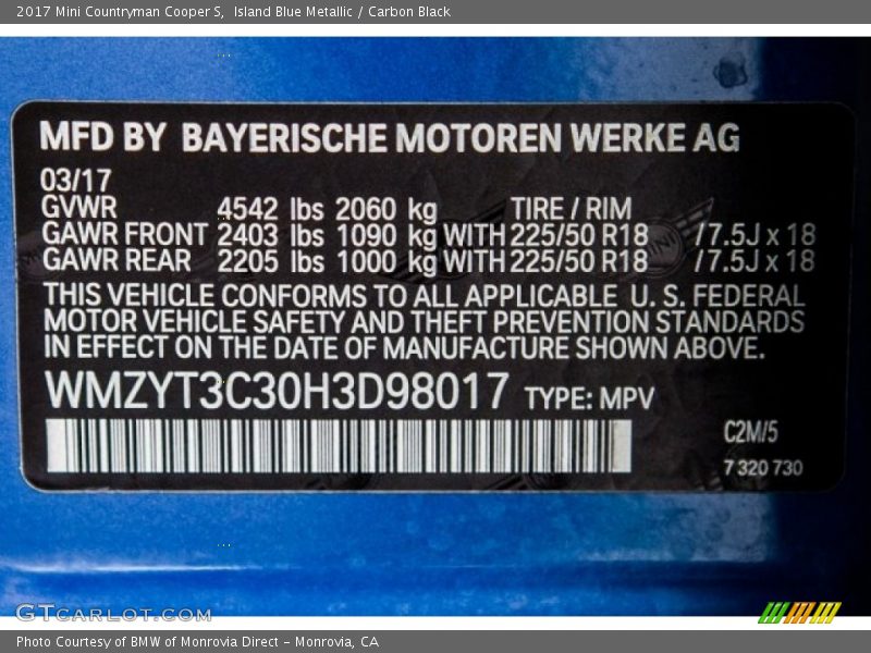 Island Blue Metallic / Carbon Black 2017 Mini Countryman Cooper S