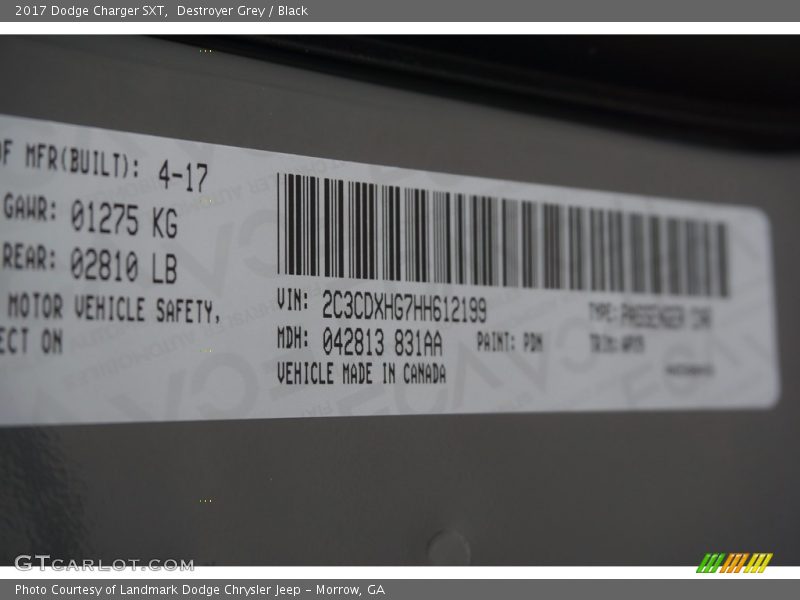 2017 Charger SXT Destroyer Grey Color Code PDM