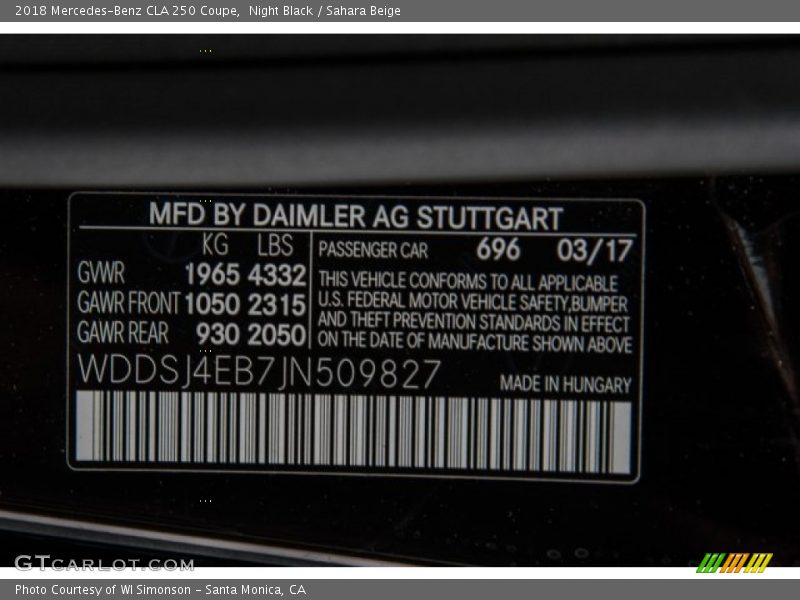 2018 CLA 250 Coupe Night Black Color Code 696