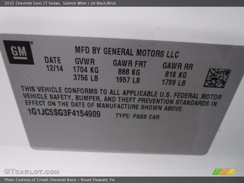 Summit White / Jet Black/Brick 2015 Chevrolet Sonic LT Sedan