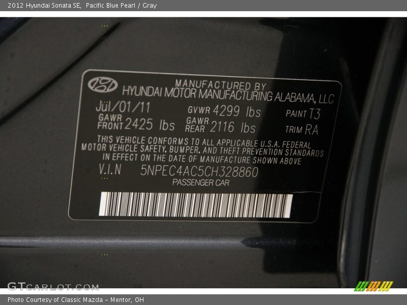 Pacific Blue Pearl / Gray 2012 Hyundai Sonata SE