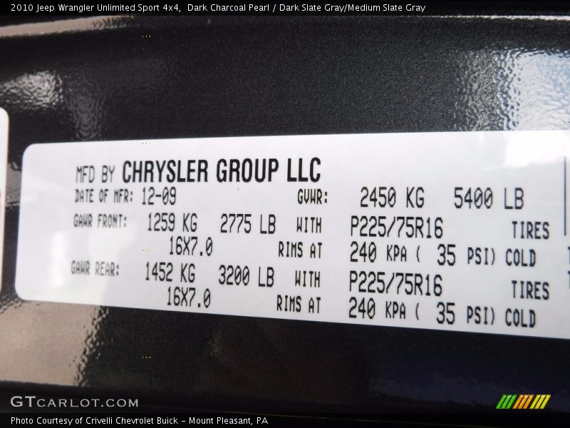Dark Charcoal Pearl / Dark Slate Gray/Medium Slate Gray 2010 Jeep Wrangler Unlimited Sport 4x4