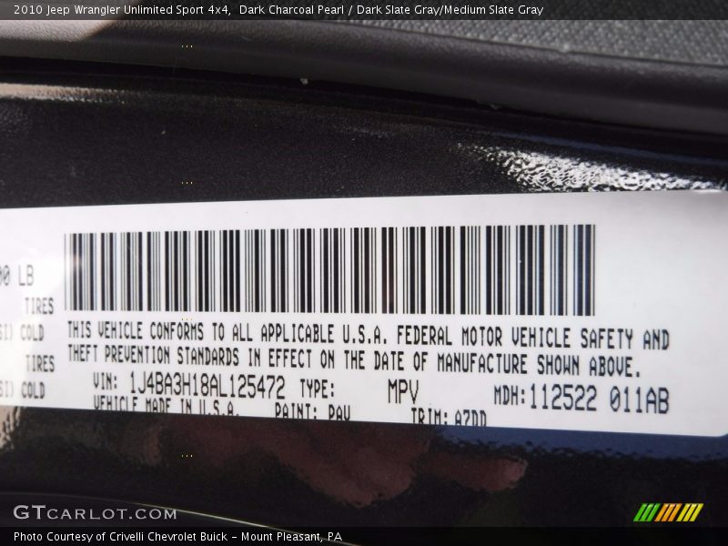 Dark Charcoal Pearl / Dark Slate Gray/Medium Slate Gray 2010 Jeep Wrangler Unlimited Sport 4x4