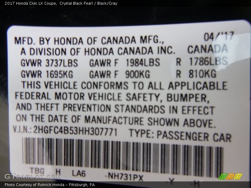 Crystal Black Pearl / Black/Gray 2017 Honda Civic LX Coupe