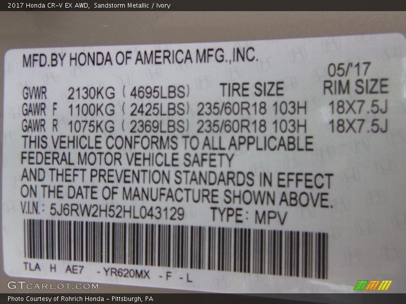 Sandstorm Metallic / Ivory 2017 Honda CR-V EX AWD