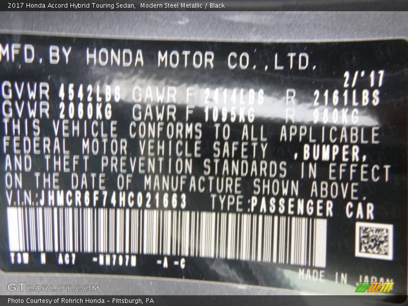 Modern Steel Metallic / Black 2017 Honda Accord Hybrid Touring Sedan