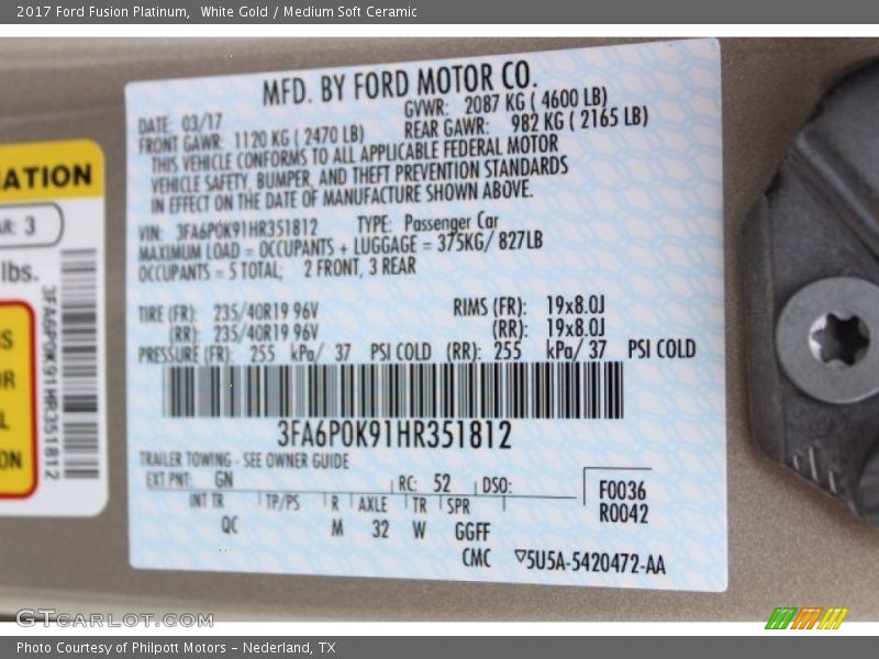 White Gold / Medium Soft Ceramic 2017 Ford Fusion Platinum