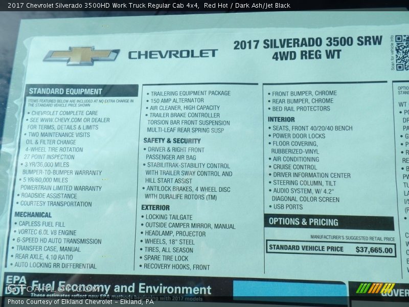 Red Hot / Dark Ash/Jet Black 2017 Chevrolet Silverado 3500HD Work Truck Regular Cab 4x4