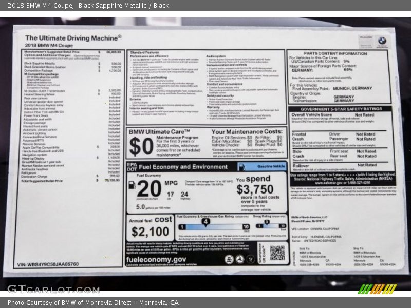  2018 M4 Coupe Window Sticker