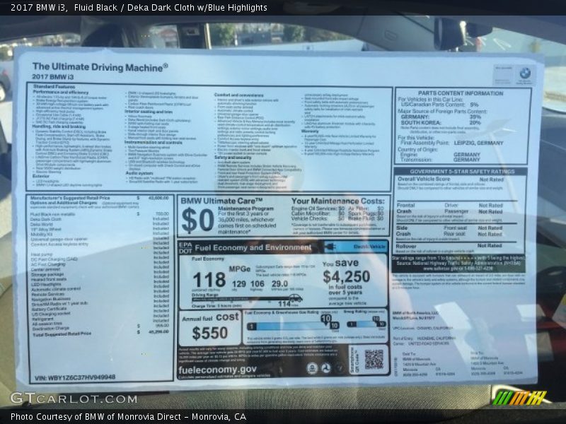 Fluid Black / Deka Dark Cloth w/Blue Highlights 2017 BMW i3