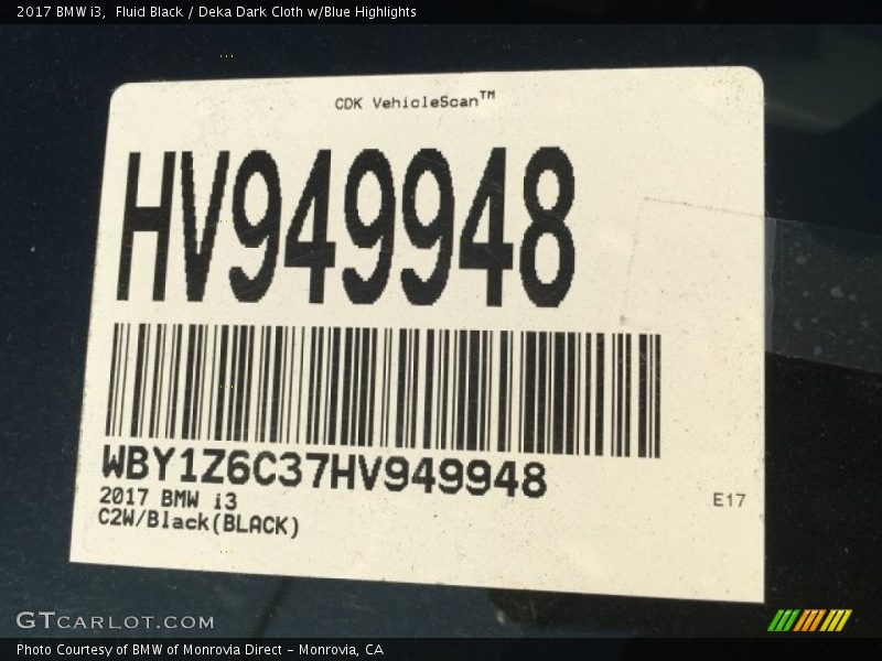 Fluid Black / Deka Dark Cloth w/Blue Highlights 2017 BMW i3