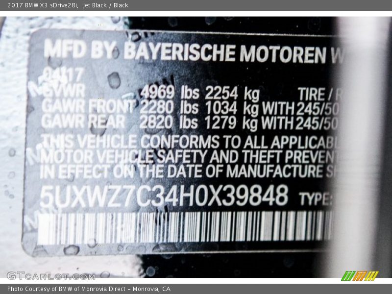 Jet Black / Black 2017 BMW X3 sDrive28i