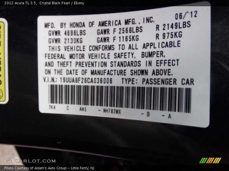 Crystal Black Pearl / Ebony 2012 Acura TL 3.5